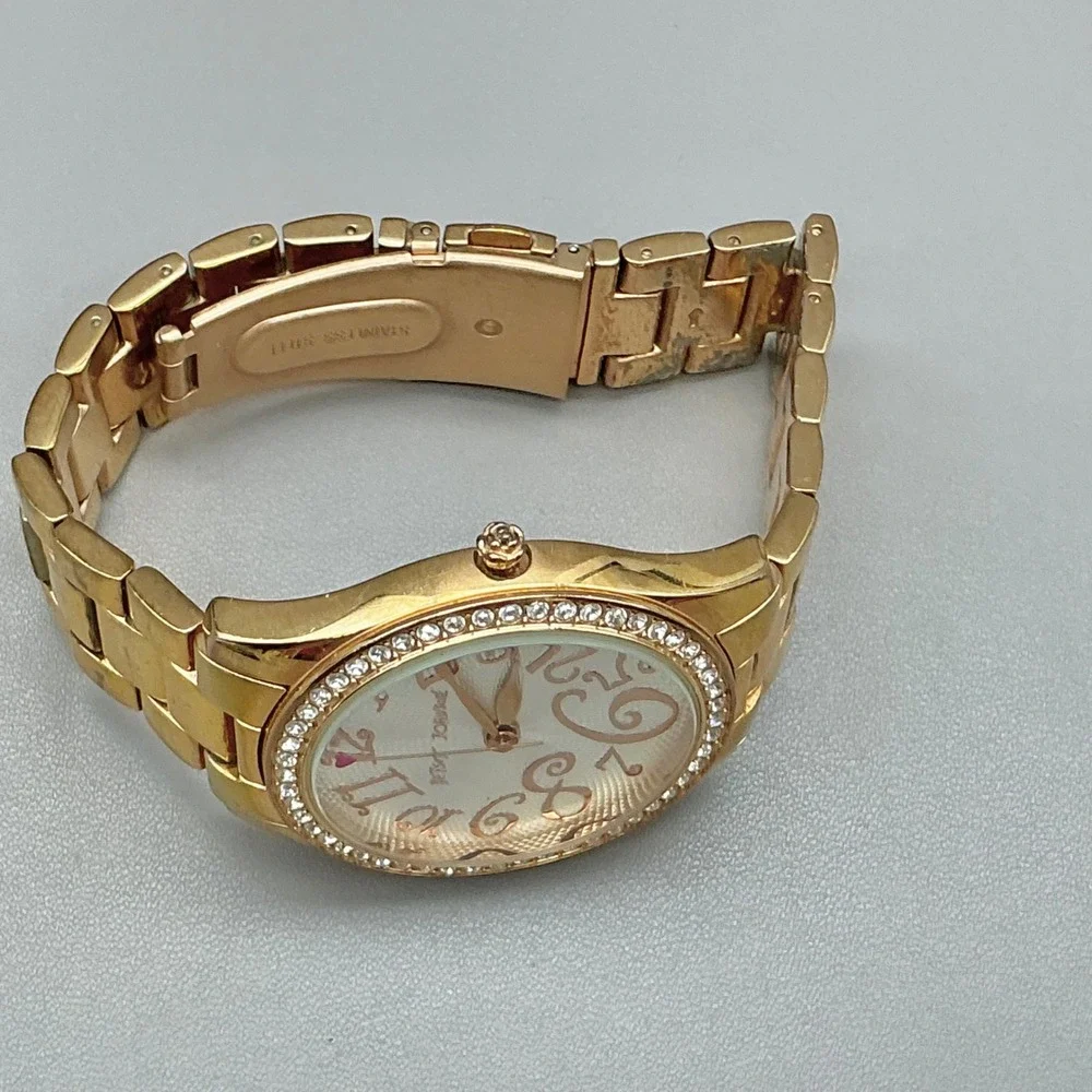 Betsey Johnson Watch Gold Tone Crystal Rhinestone Bezel 40mm NEW BATTERY